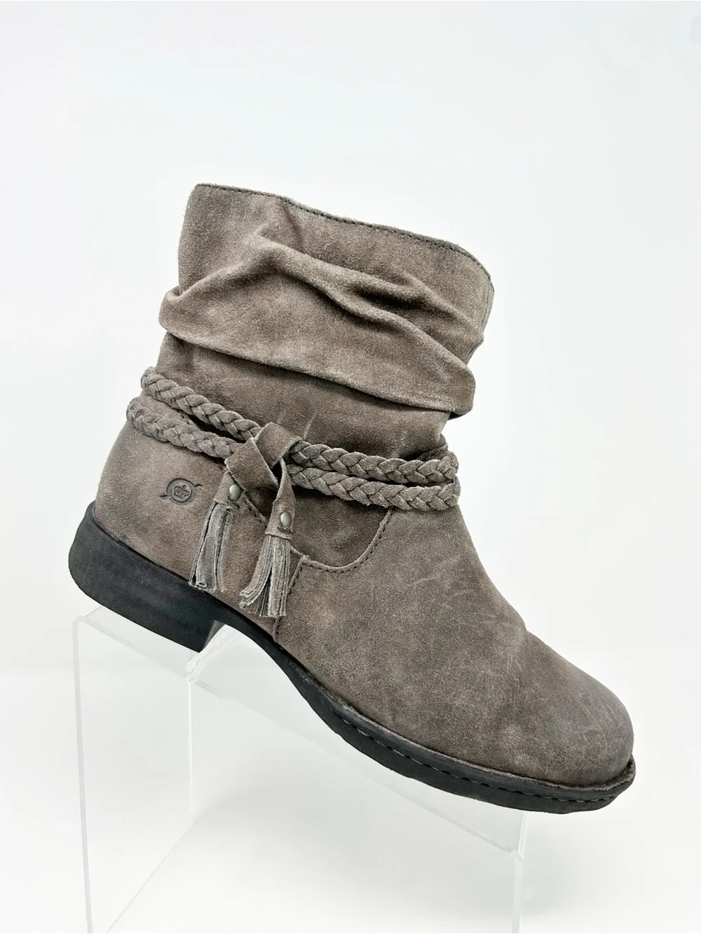 Born Womens Ankle Booties Gray Suede Slouch Braided Tassel Side Zip Size 10